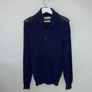 BRUNELLO CUCINELLI Size
L Navy Cable Knit Cotton 
Polyamide Shawl Collar
Sweater